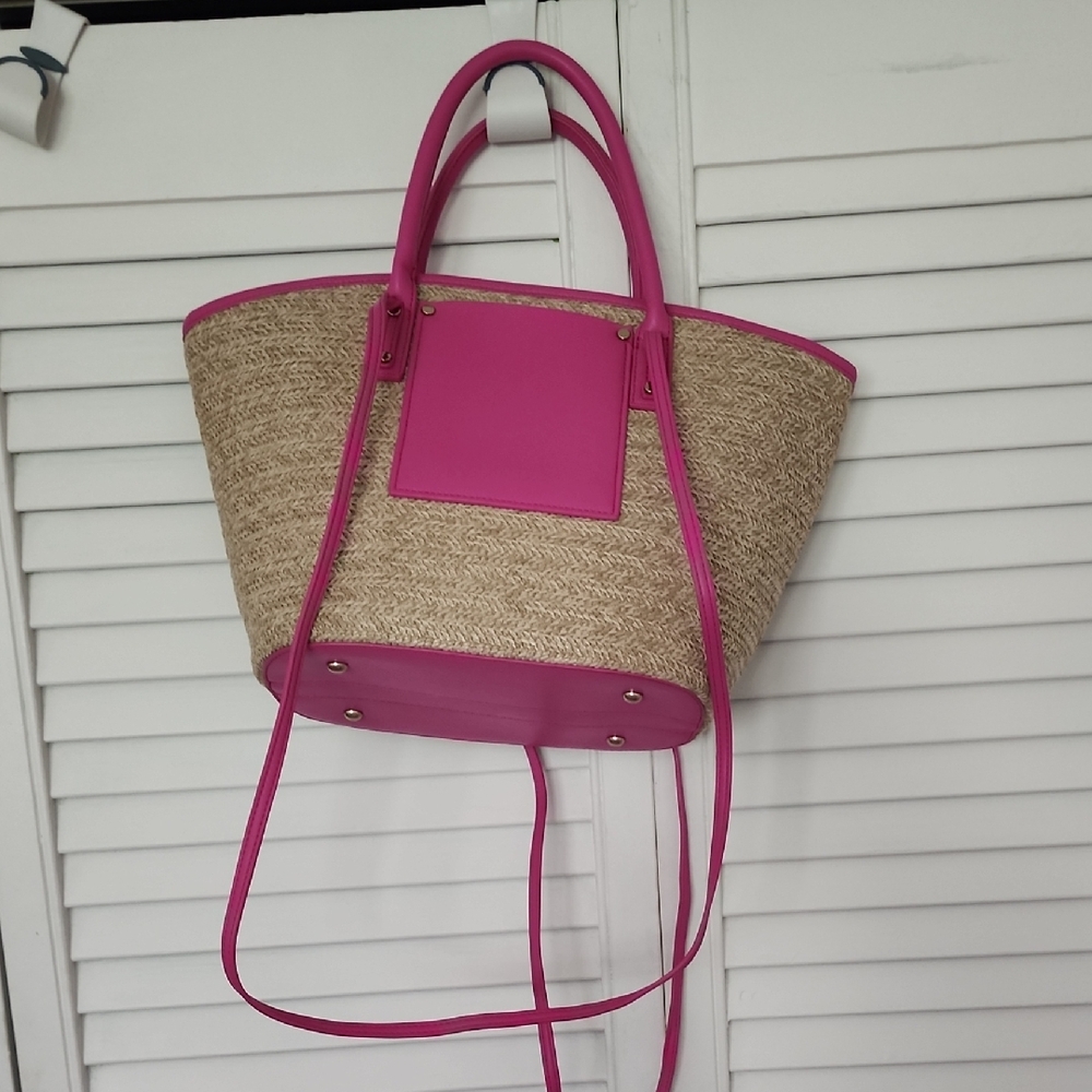 Source Unknown Pink and Tan Tote Bag with Natural Woven Design